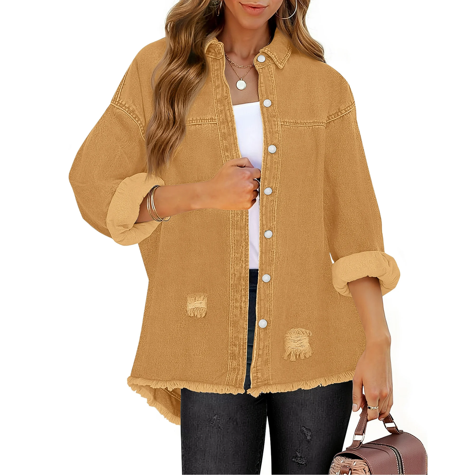 Fantaslook Denim Jackets for Women Trendy Frayed Hem Shackets Casual Button Up Jean Jacket Coats