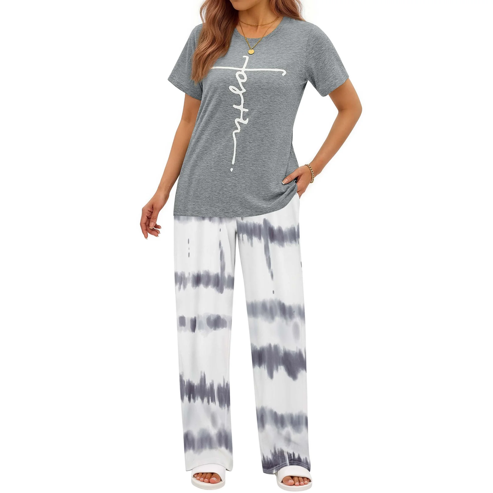 Fantaslook Womens Pajamas Sets Crewneck Short Sleeve Printed 2 Piece Outfits Set Tie Dye Casual Loungewear with Pockets