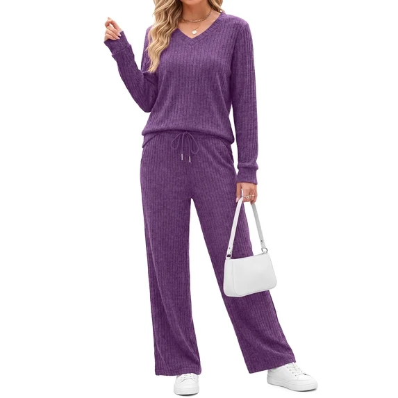 Fantaslook Two Piece Lounge Sets for Women Vacation Travel Fall Outfits V Neck Tops Wide Leg Pants Matching Sets Women Clothing