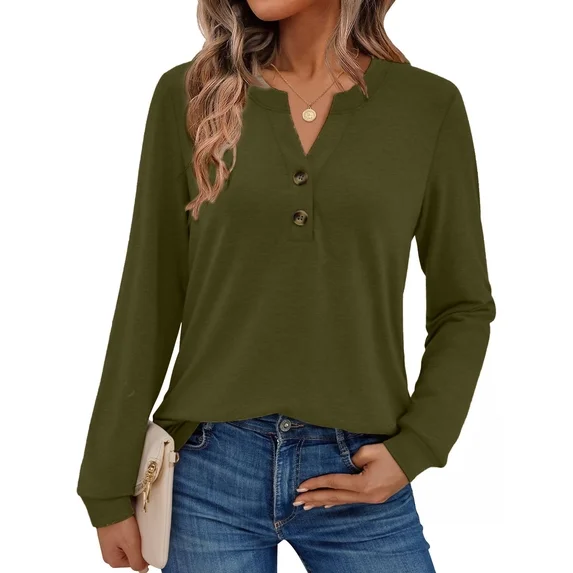 Fantaslook V Neck Henley Blouses for Women Dressy Fall Tops Long Sleeve Shirts Fashion Clothes