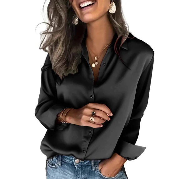 Fantaslook Satin Shirts for Women Long Sleeve Button Down Shirt Business Work Blouses Dressy Casual Fall Tops