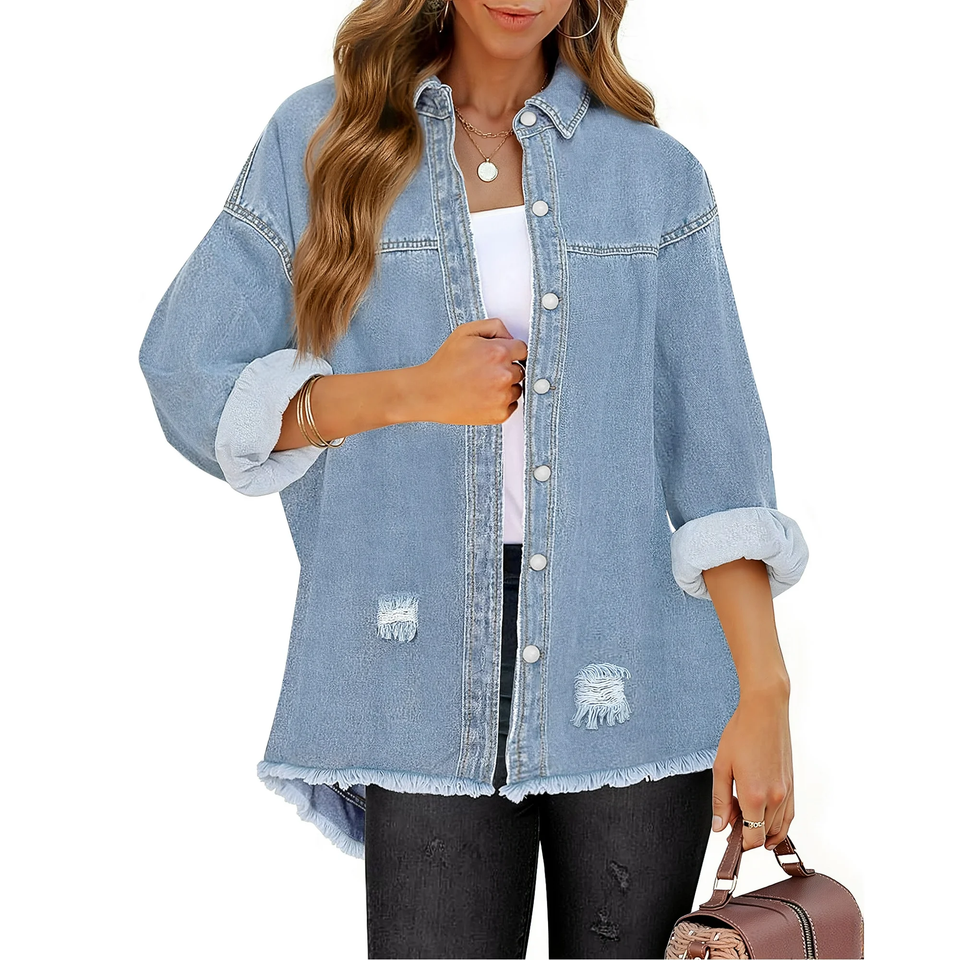 Fantaslook Denim Jackets for Women Trendy Frayed Hem Shackets Casual Button Up Jean Jacket Coats