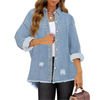Fantaslook Denim Jackets for Women Trendy Frayed Hem Shackets Casual Button Up Jean Jacket Coats