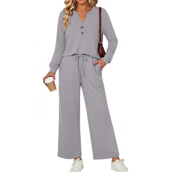 Fantaslook Fall Fashion Two Piece Lounge Sets for Women Henley V Neck Vacation Travel Outfit Casual Wide Leg Pants Matching Sets Women Clothing