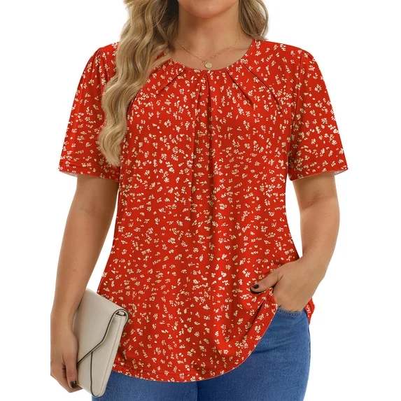 Fantaslook Dressy Blouses for Women Pleated Short Sleeve Tunic Tops Casual Floral Shirts