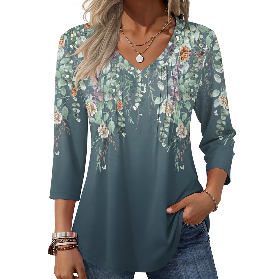 Fantaslook 3/4 Length Sleeve Womens Tops Dressy Casual Boho Blouses V Neck Pleated Tunic Tops Work Shirts