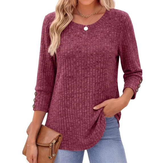 Fantaslook Womens 3/4 Sleeve Shirts with Buttons Dressy Casual Blouses Tunic Tops Fall Clothes