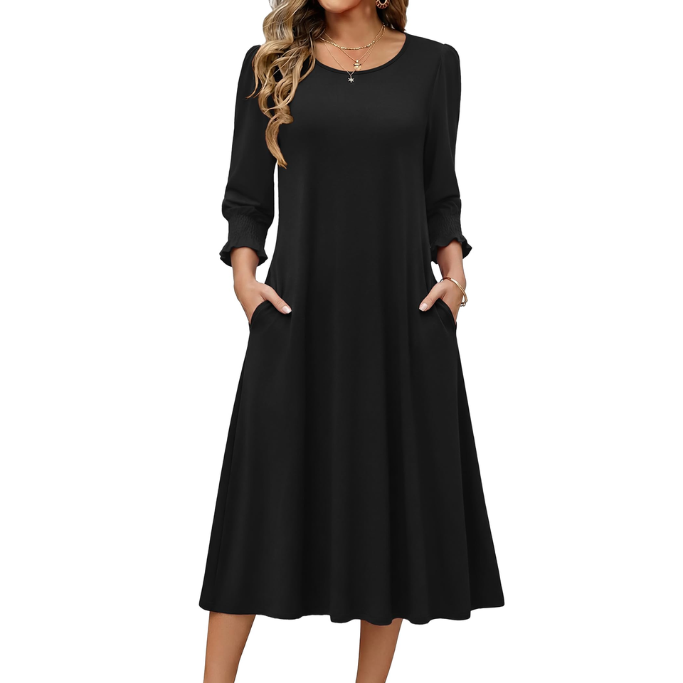 Fantaslook Fall Dresses for Women Smocked 3/4 Sleeve Dress Floral Midi Casual Dresses with Pockets