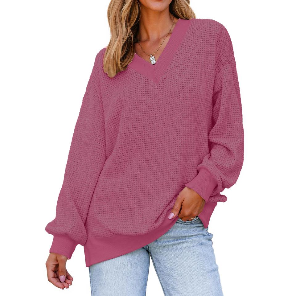 Fantaslook Waffle Knit Womens Sweatshirts Long Sleeve V Neck Shirt Loose Fall Outfits Pullover Casual Tops