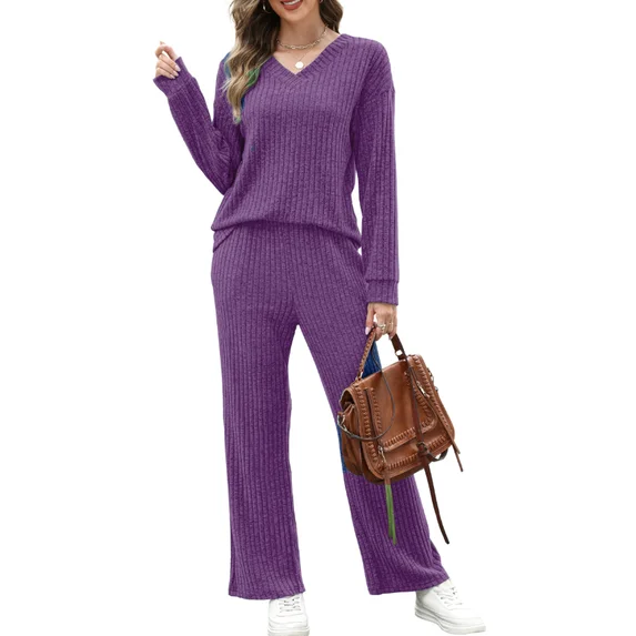 Fantaslook Two Piece Lounge Sets for Women Vacation Travel Fall Outfits V Neck Tops Wide Leg Pants Matching Sets Women Clothing