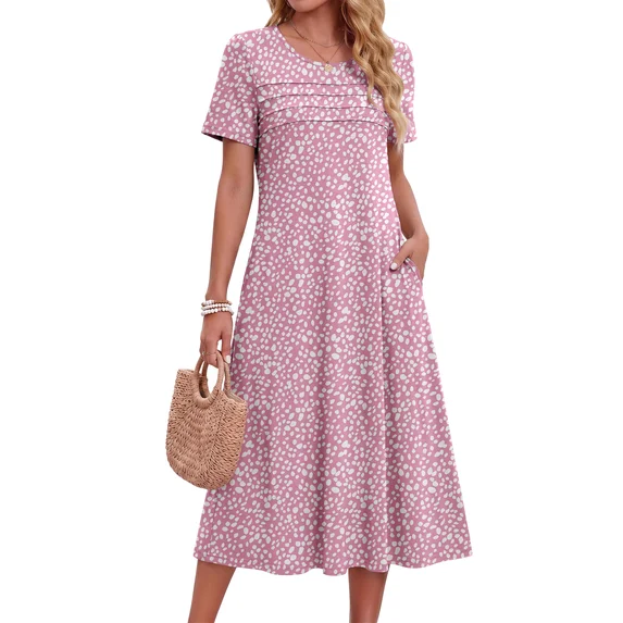 Fantaslook Pleated Summer Dresses for Women Short Sleeve A Line Midi Dress Flowy Floral Sundress Casual Dress with Pockets