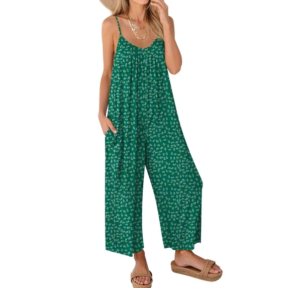 Fantaslook Jumpsuits for Women Casual Sleeveless Spaghetti Strap Rompers Boho Wide Leg Jumpsuits Overalls Dressy Trendy Outfits Clothes