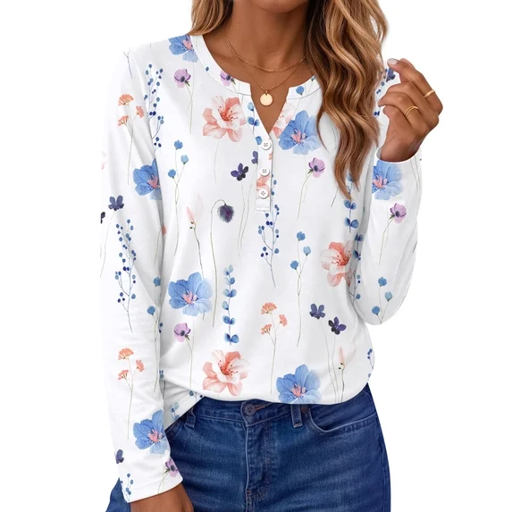 Fantaslook Henley Long Sleeve Shirts for Women Casual V Neck Fall Tops Dressy Work Blouses