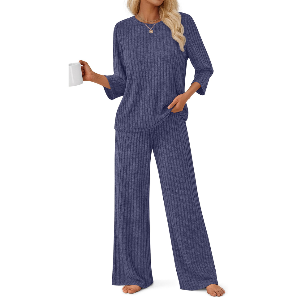 Fantaslook Pajamas Sets for Women Casual Two Piece Lounge Sets 3/4 Sleeve Crew Neck Top Wide Leg Pants Vacation Sweater Outfits
