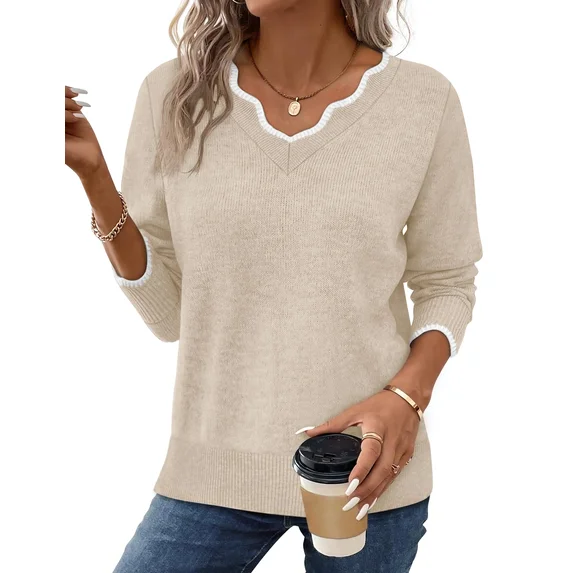 Fantaslook Color Block Sweaters for Women V Neck Pullover Lightweight Sweaters Long Sleeve Tops Fall Fashion Clothes