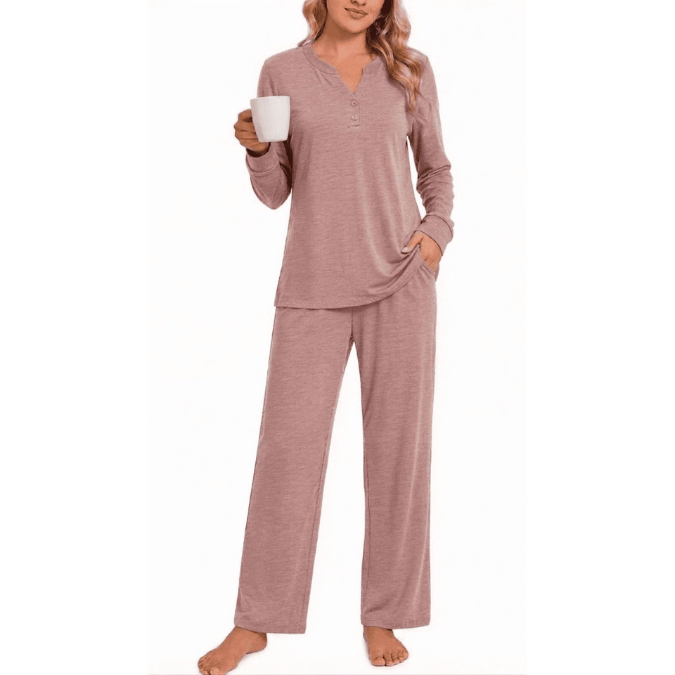 Fantaslook Women Pajamas Sets Long Sleeve V Neck Buttons Outfits and Casual Wide Leg Pants Lounge 2 Piece Sets withe Pockets