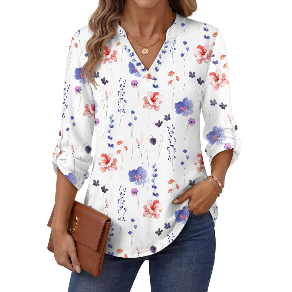 Fantaslook Roll Up Blouses for Women Dressy Casual Long Sleeve Tunic Tops V Neck Shirts Work Blouses