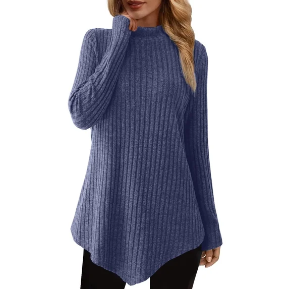 Fantaslook Mock Turtleneck Sweaters for Women Dressy Long Sleeve Pullover Fall Tunic Tops Asymmetrical Hem Soft Sweaters