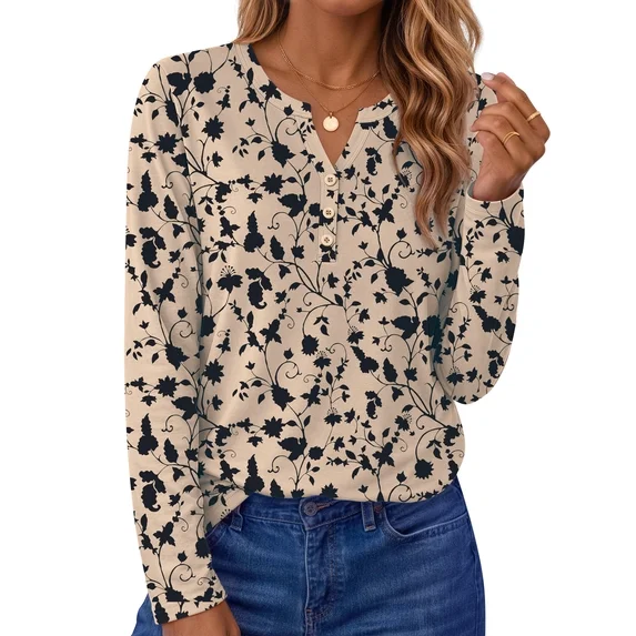 Fantaslook Henley Long Sleeve Shirts for Women Casual V Neck Fall Tops Dressy Work Blouses