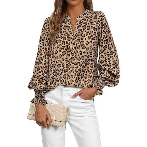 Fantaslook Floral V Neck Blouses for Women Loose Lined Flowy Shirts Trendy Smocked Cuff Long Sleeve Tops