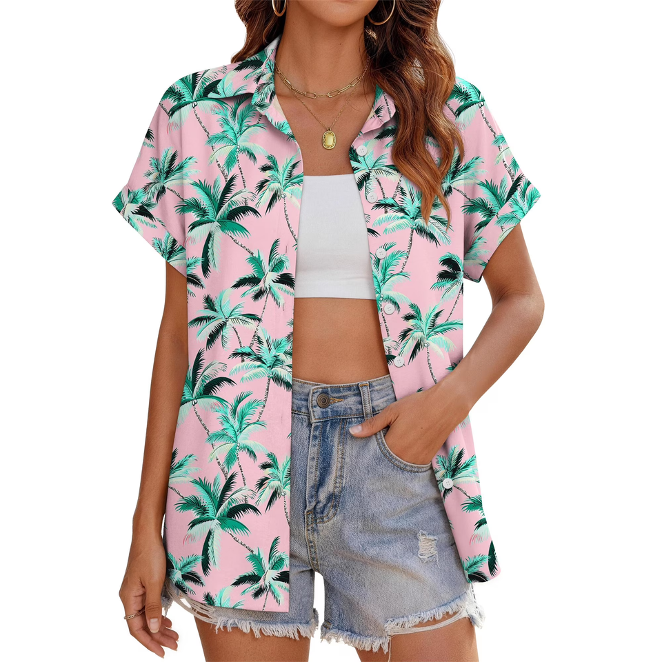 Fantaslook Hawaiian Button Down Shirts for Women Casual Short Sleeve Floral Print Blouses Summer Tops