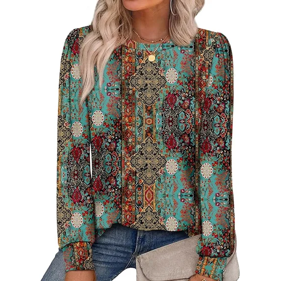 Fantaslook Plus Size Womens Long Sleeve Shirts Fall Tunic Tops Casual Crewneck Floral Blouses