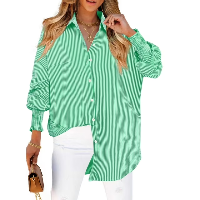 Fantaslook Striped Button Down Shirts for Women Smocked Cuffed Trendy Blouse Causal Long Sleeve Tops with Pocket