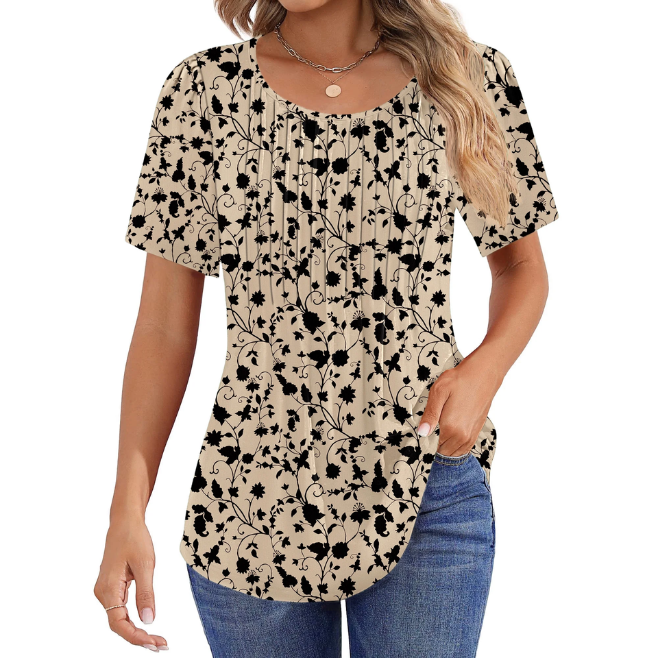 Fantaslook Blouses for Women Pleated Short Sleeve Tunic Tops Dressy Casual Summer Shirts
