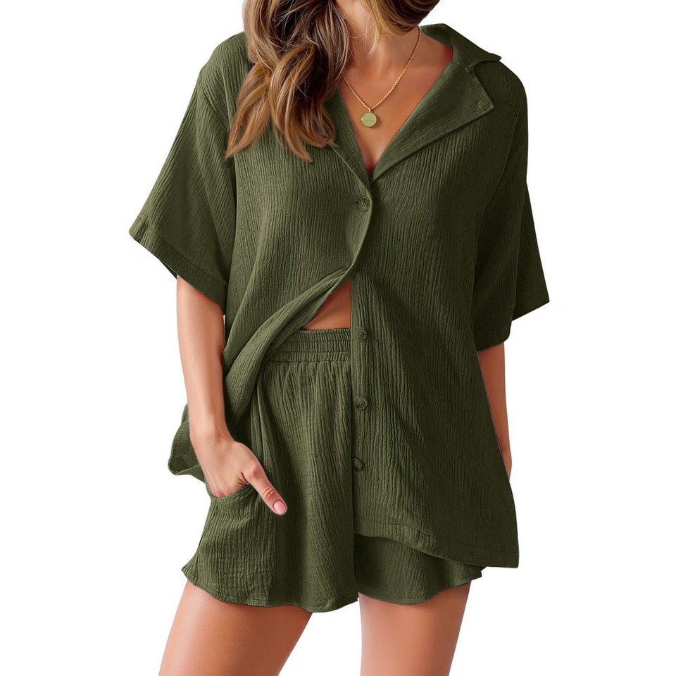 Fantaslook 2 Piece Womens Outfit Sets Button Down Shirts and Shorts Casual Lounge Sets Short Sleeve Pajamas Sets Summer Loungewear