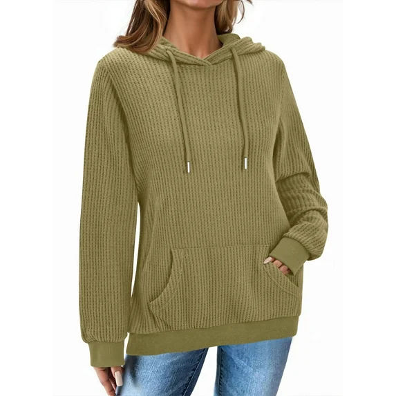 Fantaslook Womens Hoodies Casual Long Sleeve Waffle Pullover Tops Oversized Hooded Sweatshirts with Pocket
