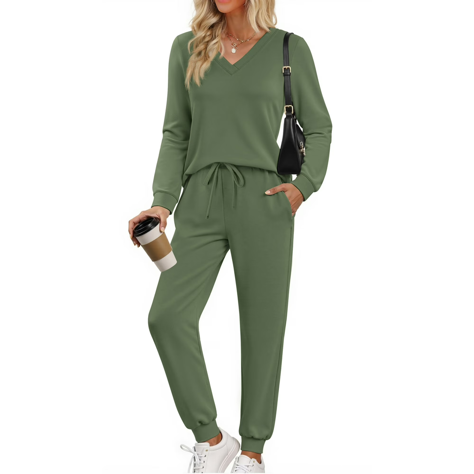 Fantaslook Two Piece Sets for Women Fall Outfits Fashion Lounge Sets V Neck Tops Long Pants Tracksuit Vacation Travel Outfits