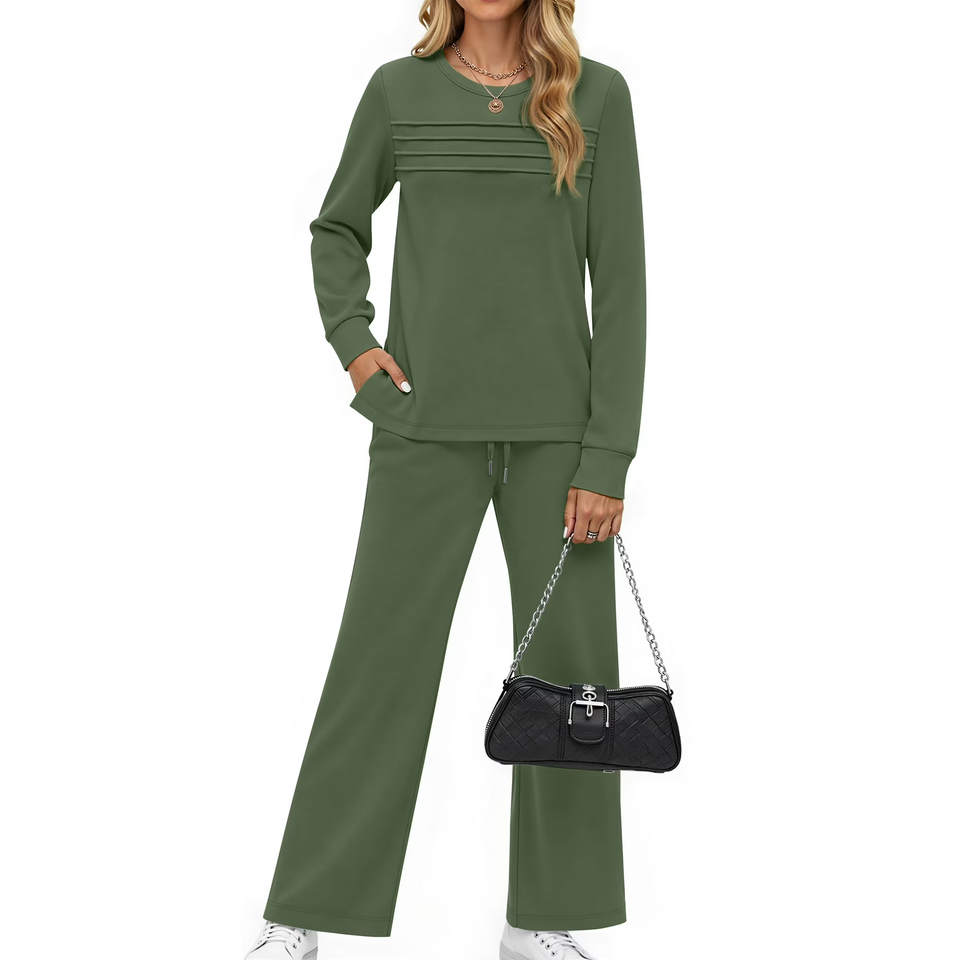 Fantaslook Two Piece Sets for Women Fall Travel Vacation Outfits Pleated Long Sleeve Lounge Sets Wide Leg Pants