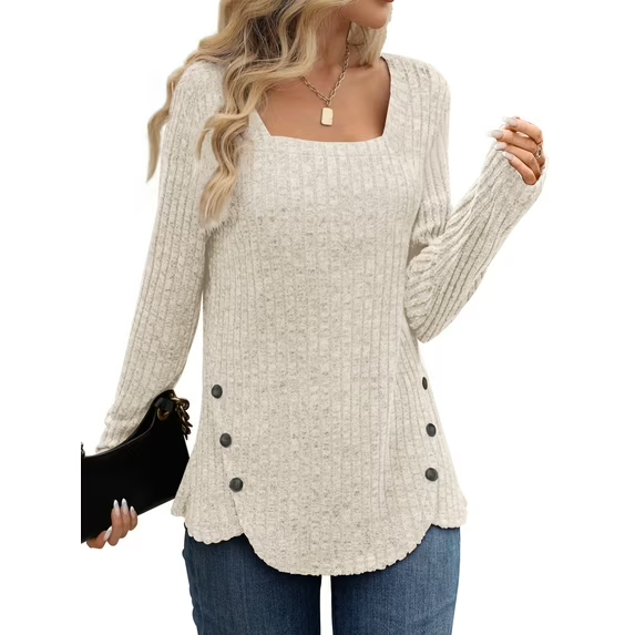 Fantaslook Square Neck Tops for Women Long Sleeve Dressy Blouses Button Side Tunic Shirts