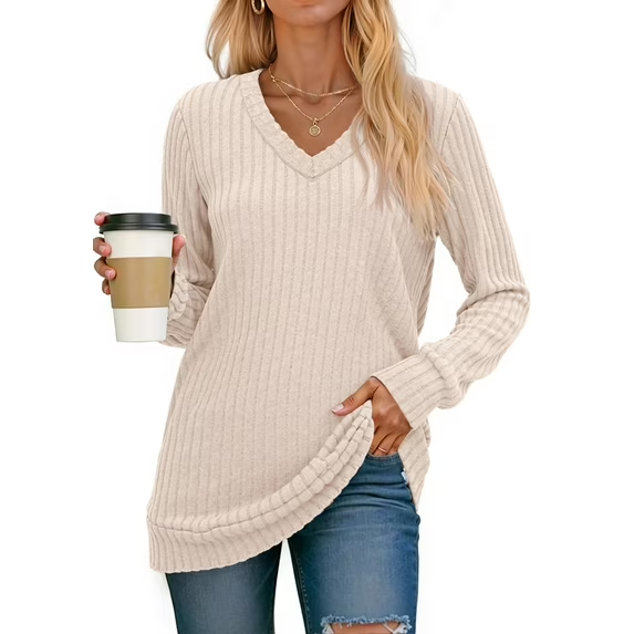 Fantaslook V Neck Long Sleeve Shirts for Women Dressy Casual Fall Tops Lightweight Tunic Pullover Fashion Clothes