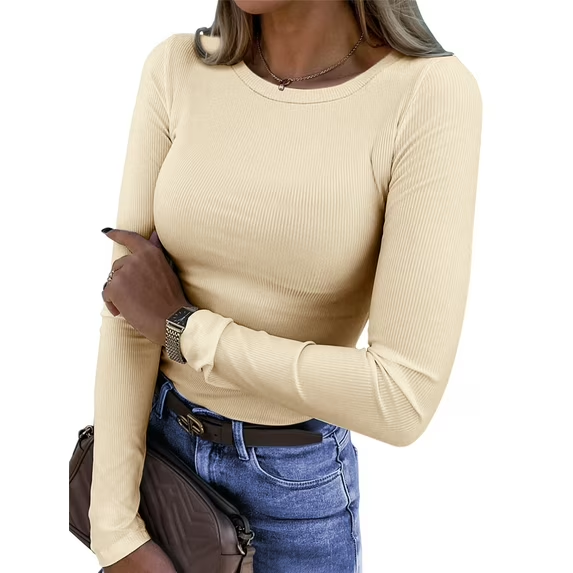 Fantaslook Fitted Long Sleeve Shirts for Women Stretch Casual Basic Tops Crewneck Ribbed Tees Shirts