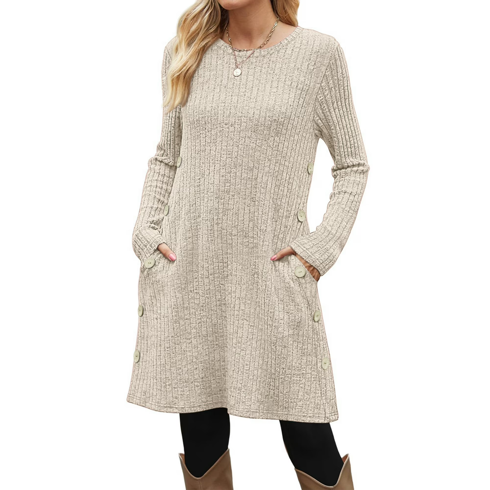 Fantaslook Long Sleeve Womens Dresses Crew Neck Buttons Tunic Dress with Pockets