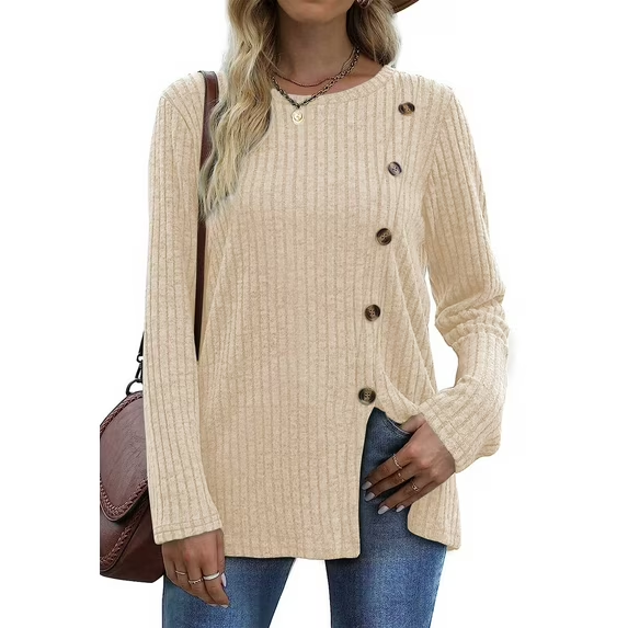 Fantaslook Blouses for Women Long Sleeve Crew Neck Tunic Tops Buttons Side Fall Shirts