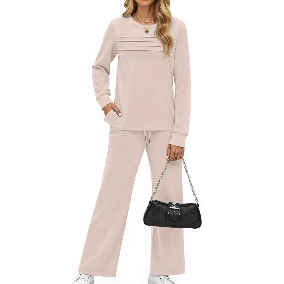 Fantaslook Two Piece Sets for Women Fall Travel Vacation Outfits Pleated Long Sleeve Lounge Sets Wide Leg Pants
