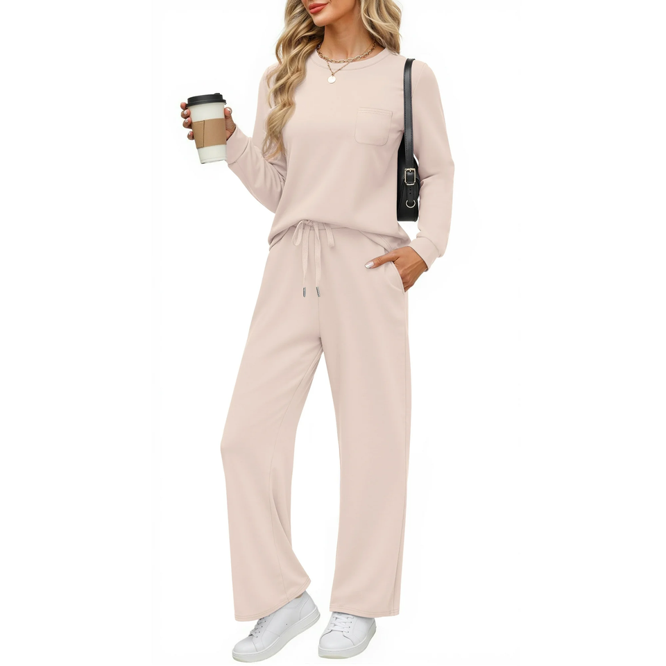 Fantaslook Two Piece Lounge Sets for Women Fall Outfits Long Sleeve Tops Wide Leg Pants Matching Sets Vacation Travel Outfits