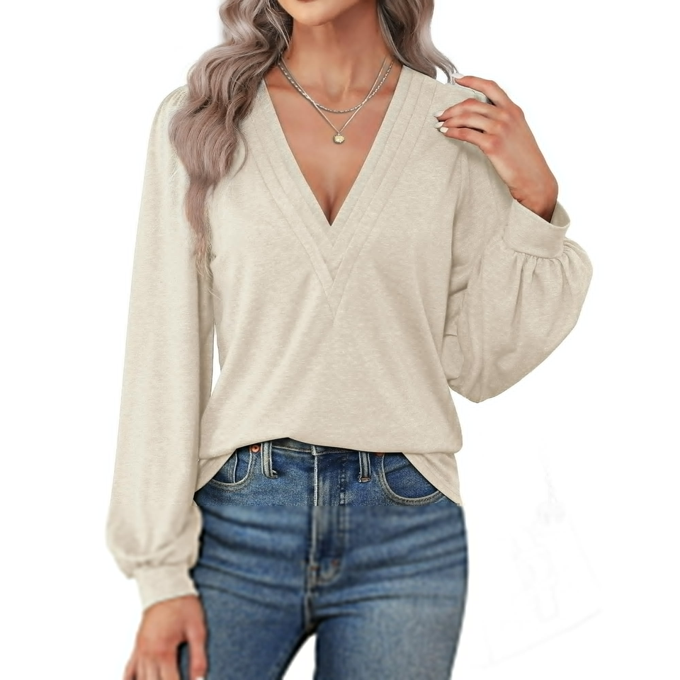 Fantaslook Deep V Neck Womens Tops Fall Long Puff Sleeve Shirts Dressy Casual Tunic Blouses