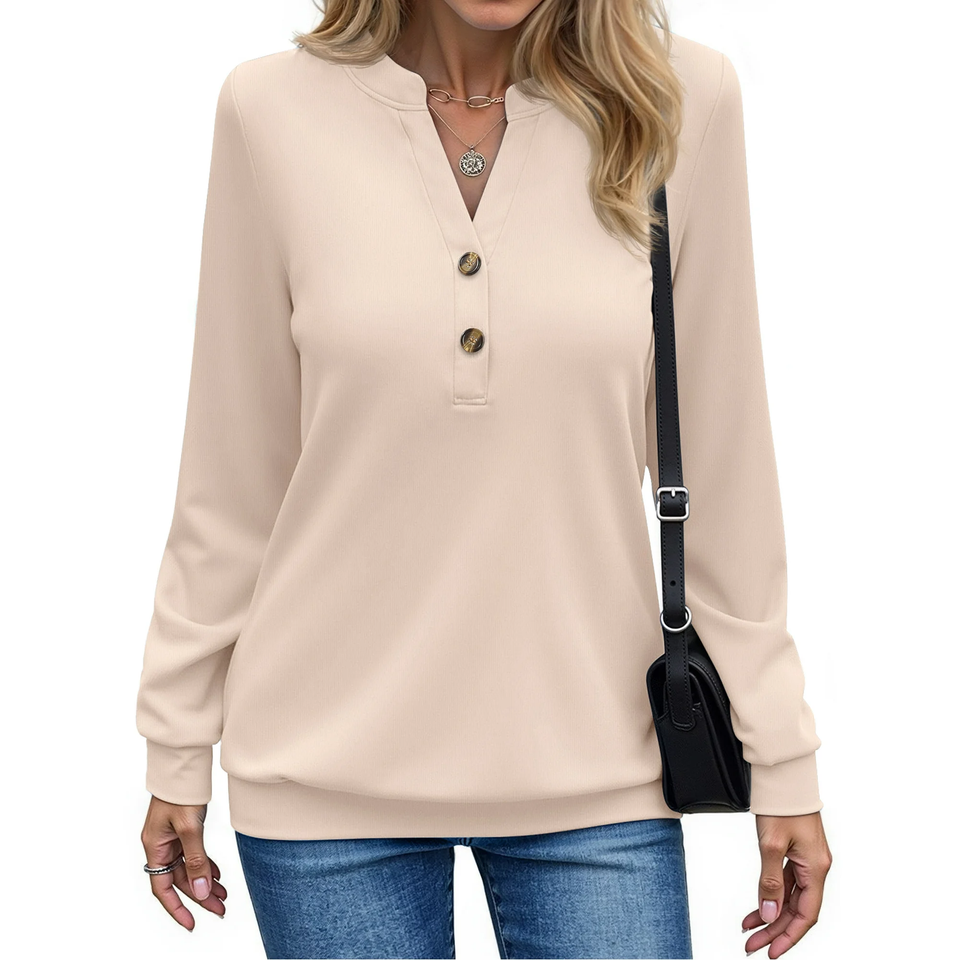 Fantaslook V Neck Sweatshirts for Women Casual Long Sleeve Shirts Button Pullover Tops Fashion Fall Outfits