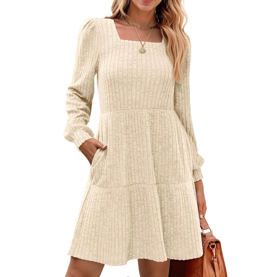 Fantaslook Fall Dresses for Women Square Neck Long Sleeve Dresses Casual Babydoll Sweater Dress