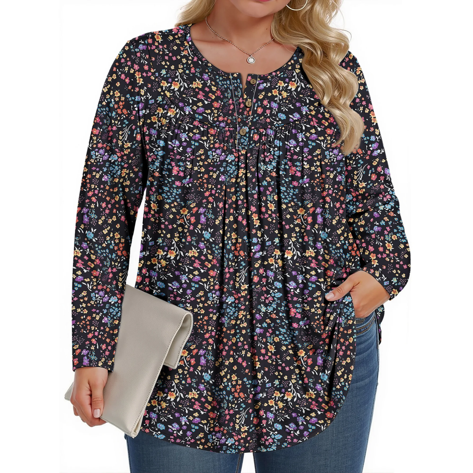 Fantaslook Plus Size Womens Blouses Long Sleeve Floral Tunic Tops Henley Neck Flowy Fall Shirts