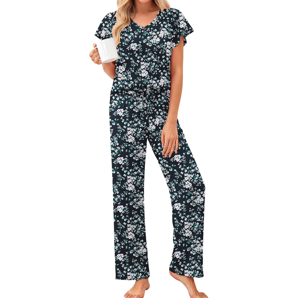 Fantaslook Flower Womens Pajamas Sets Two Piece Casual Lounge Sets Ruffle Sleeve Tops Wide Leg Pants with Pockets Summer Sleepwear Travel Outfits