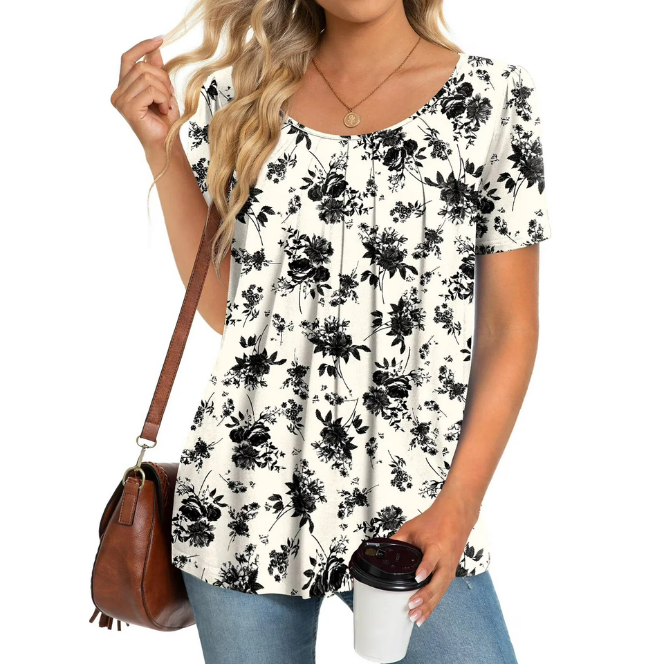Fantaslook Dressy Blouses for Women Pleated Short Sleeve Tunic Tops Casual Floral Shirts