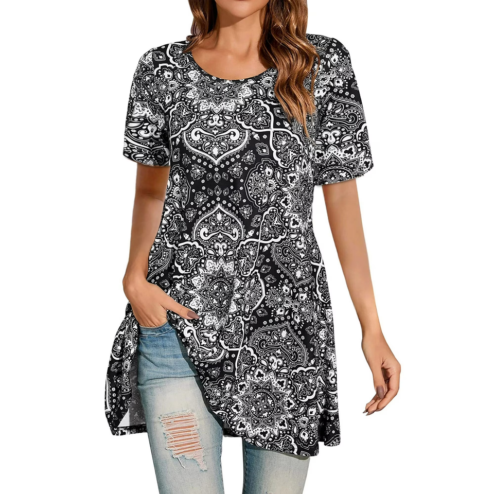 Fantaslook Plus Size Womens Tunic Tops Short Sleeve Casual Floral Shirts Swing Flare Dressy Blouses
