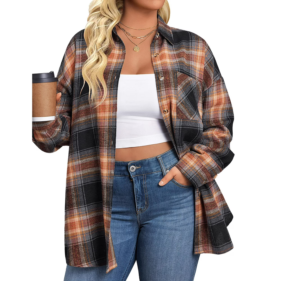 Fantaslook Plus Size Flannel Plaid Shirts for Women Long Sleeve Button Down Shirts Casual Loose Blouses Tops