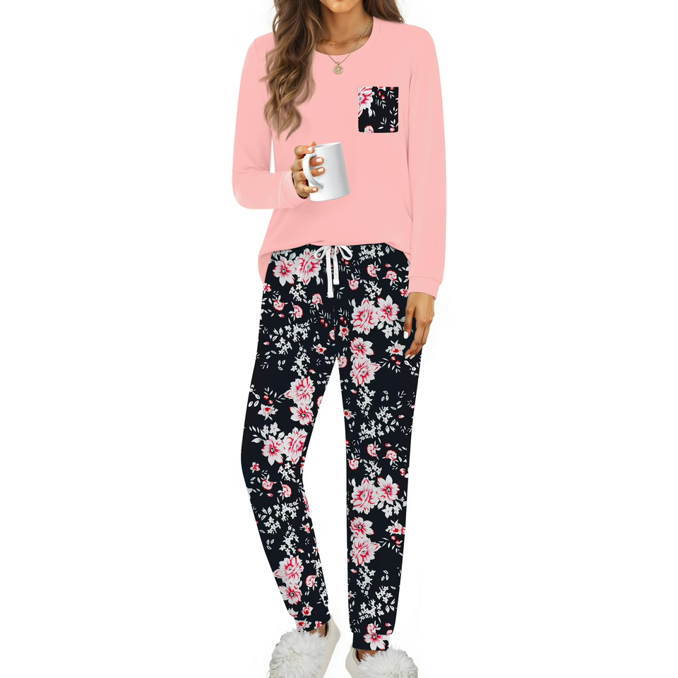 Fantaslook Women Pajama Sets 2 Piece Long Sleeve Pajama Sets With Long Printed Jogger Pants Sleepwear Loose Lounge Sets