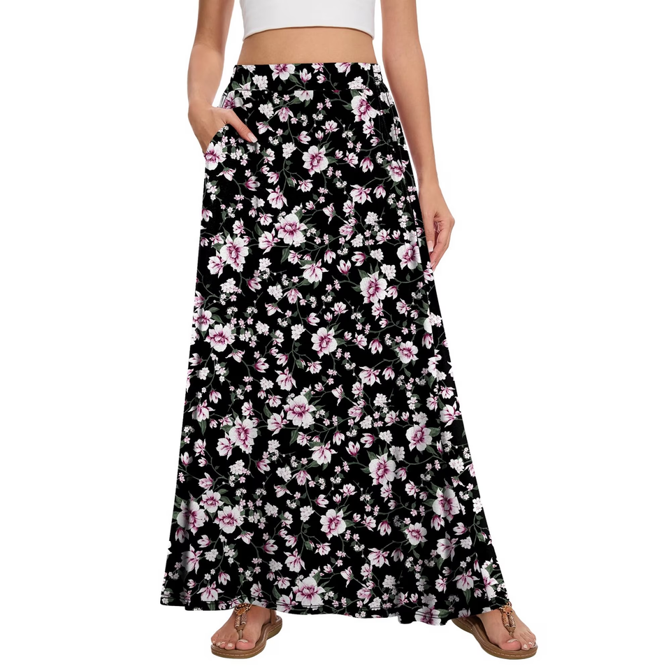 Fantaslook Long Skirts for women Boho Casual Maxi Skirt Trendy Elastic Waist Flowy Skirts with Pockets
