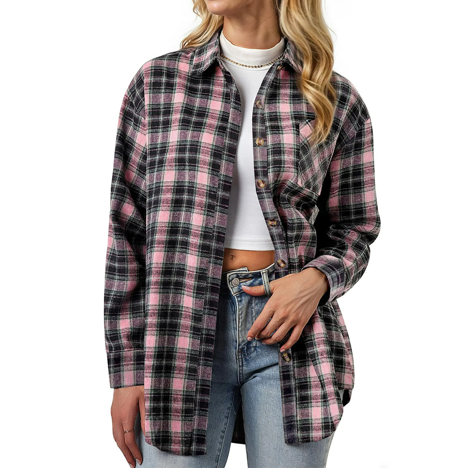 Fantaslook Plaid Shirts for Women Button Down Flannel Shirts Casual Loose Long Sleeve Blouses Tops